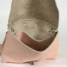 Load image into Gallery viewer, interior photo of pink leather purse showing pocket and craftsmanship