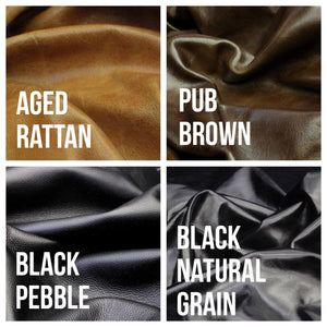 Photo of leather color options for Marge & Rudy Messenger Bag. Choose aged rattan, pub brown, black pebble and black natural grain.