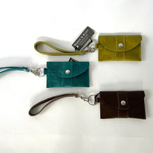 Load image into Gallery viewer, Handcrafted genuine leather keychain wallet with wristlet strap in green, turquoise and brown.