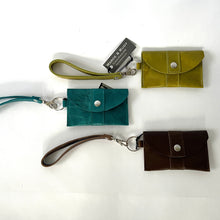 Load image into Gallery viewer, Handcrafted genuine leather keychain wallet with wristlet strap in green, turquoise and brown.
