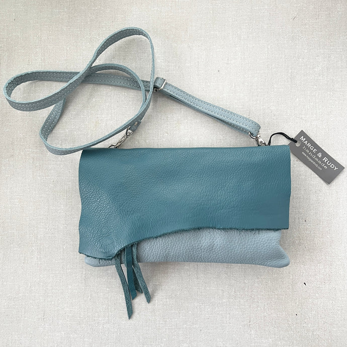 RAW EDGE Leather Crossbody Bag | Teal & Pale Blue Leather | One-of-a-Kind
