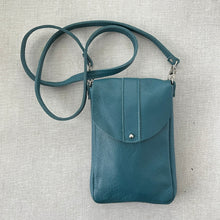 Load image into Gallery viewer, Dakota teal leather crossbody bag with button stud closure and back phone pocket handmade by Marge &amp; Rudy in Charotte, NC