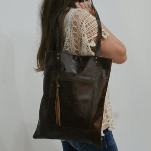 HACKER Leather Tote | Laptop Bag with Raw Edge Pocket Detail