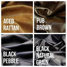 Load image into Gallery viewer, Photo of leather color options. Black leather and brown leather.  Choose aged rattan, pub brown, black pebble and black natural grain.