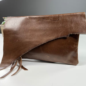 Raw Edge Clutch in chocolate brown leather handmade by Marge and Rudy
