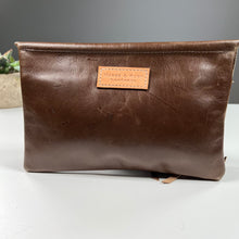 Load image into Gallery viewer, Raw Edge Clutch in chocolate brown leather handmade by Marge and Rudy