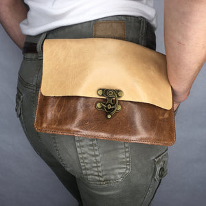 Handcrafted leather fanny pack with steampunk clasp