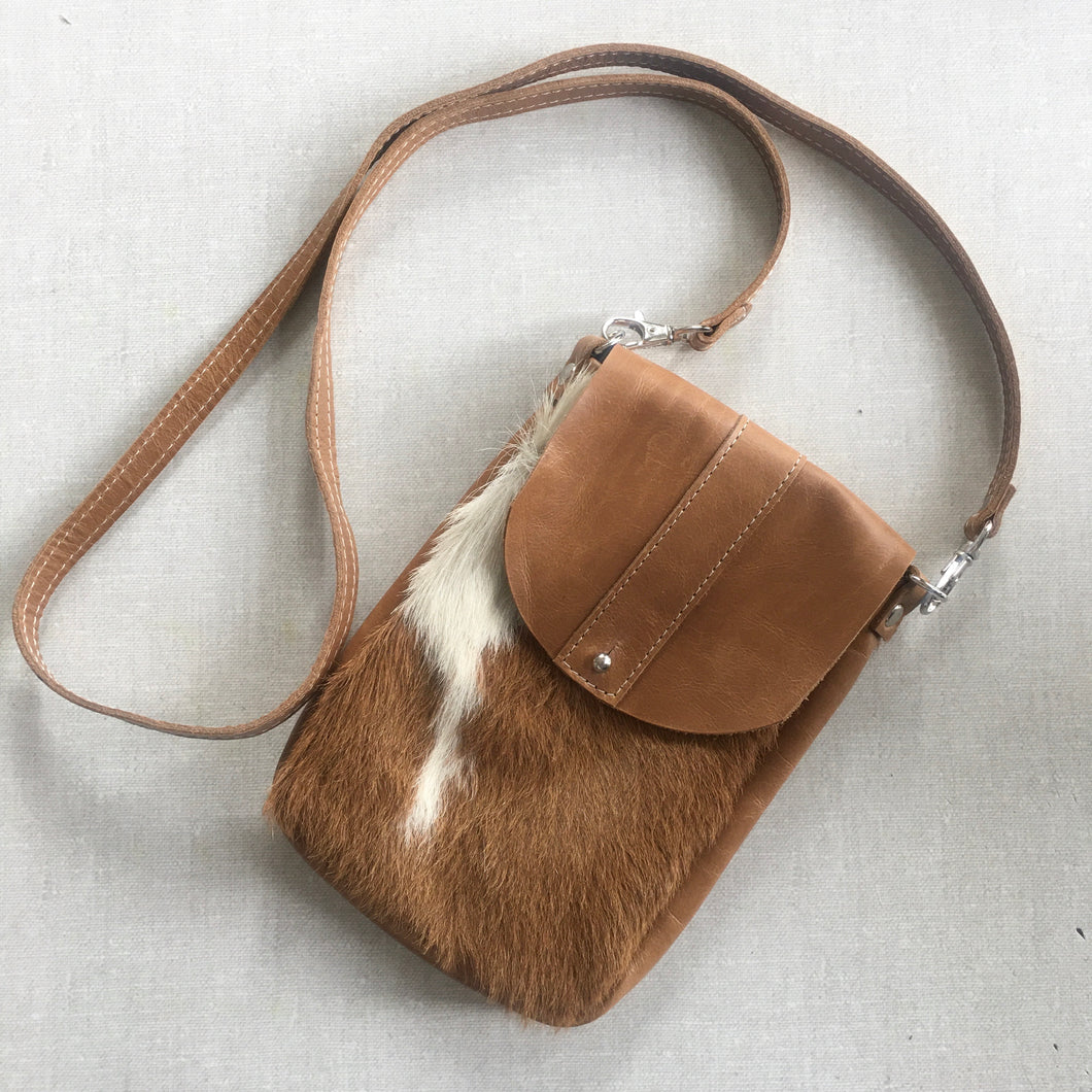 Dakota Cow Hide Crossbody Bag | Camel & White | Marge & Rudy Handmade